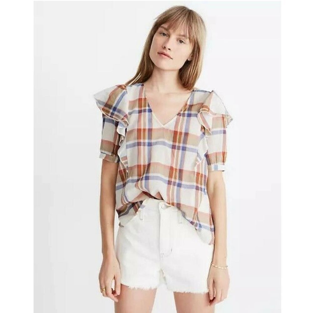 Madewell NWOT V Neck Ruffle top in plaid Msrp $78 size M
